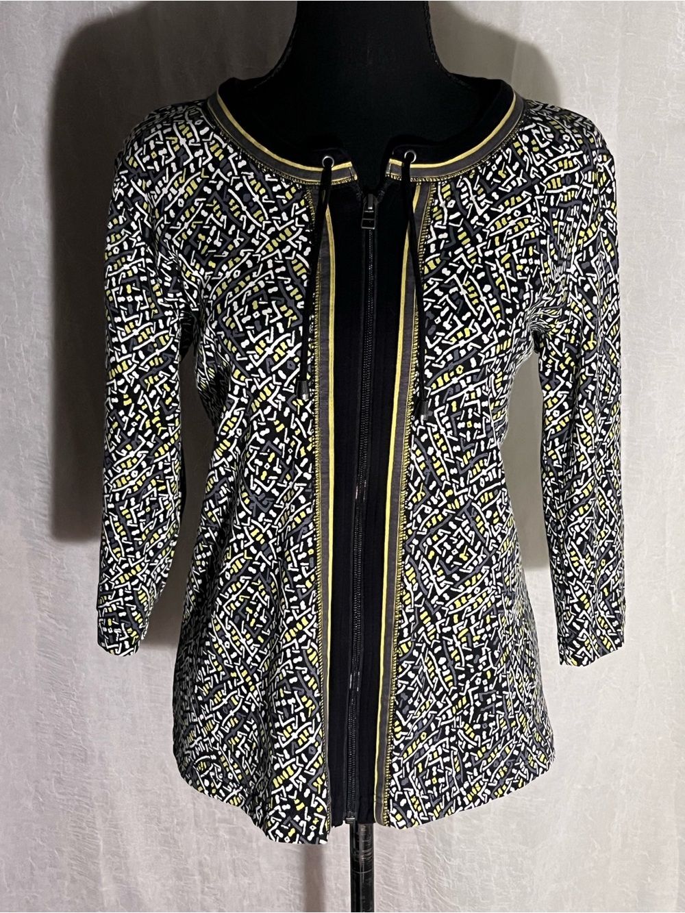 Christopher & Banks Black, White and lime green Printed Zip-Front shirt